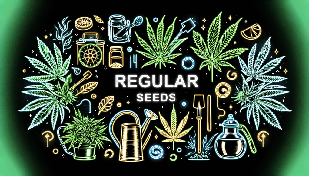 Neon outlines of cannabis plants and gardening tools on a black background with "REGULAR SEEDS" text for a seed bank category banner.