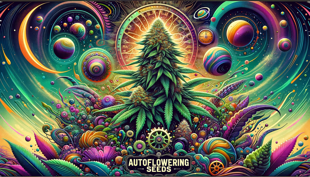 Psychedelic banner of a cannabis plant surrounded by colorful, space-themed elements and gears with 'AUTOFLOWERING SEEDS' text.