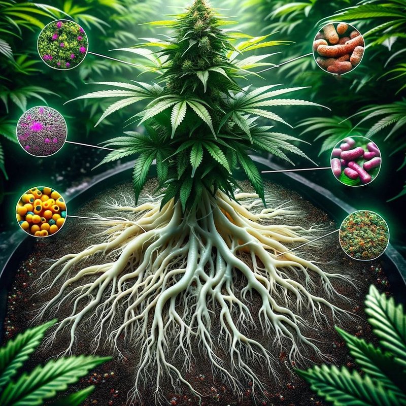 Cannabis plant with vibrant leaves absorbing nutrients and beneficial microbes, representing the power of foliar feeding.