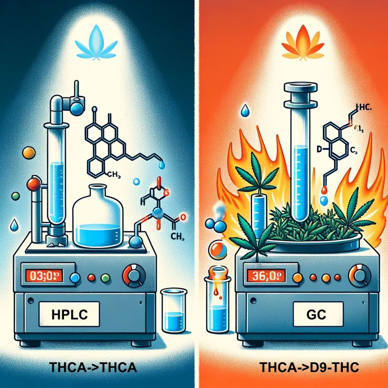 Illustrative comparison of HPLC (no decarboxylation) and GC (decarboxylation) cannabis testing methods.