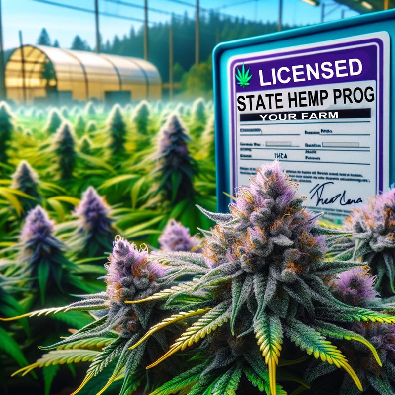 Vibrant THCA cannabis farm with frosty purple buds and hemp license, symbolizing legal cultivation.